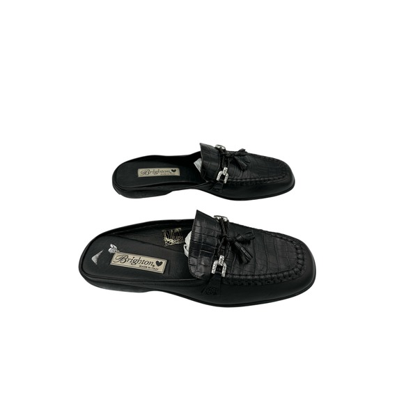 Brighton Astrid Black Crocodile Embossed Leather Mules Loafers Size 8M - Picture 8 of 13